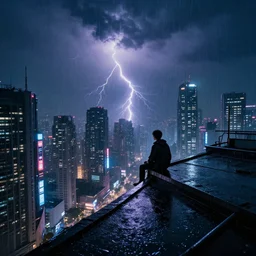 shot of the roof with single man sitting on the edge  during rain, below  impressive cyberpunk night city  during great rainy  storm with lightning, nightscape, futuristic architecture, realistic photo, neons, blade runner, akira style, cinematic lighting, cinematic angles
