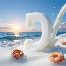 side view extreme close up of a white vitamin d milk ocean sea. nice blue sky setting sun on horizon. an ocean of gentle rolling waves made of white milk. there are a few floating fruit loops cereal on top the milk. digital art, cgsociety award winner, ue 5, 4 k, dramatic lighting, subsurface scatter, hdr.