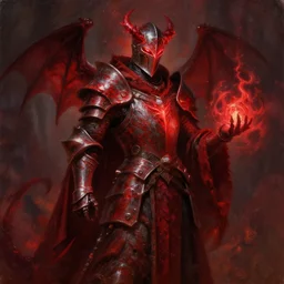 a very elegant fantasy oil painting of a fantasy knight and a magical wizard robe made of dragon hide combination, demonic, red glowing magic, medieval armor, custom armor design, pointy, the red glows coming through the knight helmet, paint smears, digital art, character design, d & d character, heavy shading, master of fantasy art