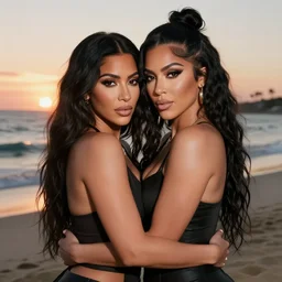 Kim kardashian and lady gaga embrace, sunset beach, realistic, hyperrealistic, 4k resolution, 8k resolution, Quality, highly detailed, very detailed, detail studio quality lighting, dramatic lighting, re life, cute