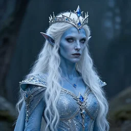 the frightening archfey called'the prince of frost ', fantasy, white hair, blue skin, middle - age, elf, crown, trending on cgsociety