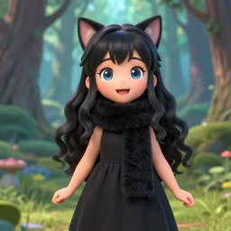 render of a very kawai joyful 3d anime girl, wearing fluffy black scarf, long dress, black long curly hair, watery eyes, cat ears, in the magical forest, medium shot, mid-shot, highly detailed, trending on Artstation, Unreal Engine 4k