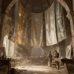 post - medieval painter studio inside a tower, silk tarps hanging, dry archways, light dust, by peter mohrbacher dan mumford craig mullins nekro, cgsociety, pixiv, volumetric light, 3 d render