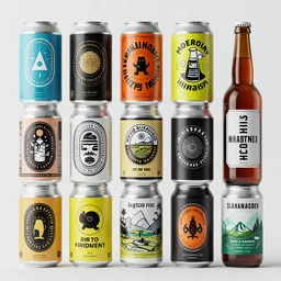 A selection of craft beers in cans and bottles with striking labels and designs in multiple styles.