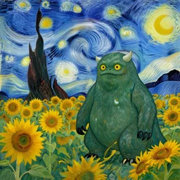 monster standing in a field with colorful sunflowers during a starry night by Vincent van Gogh