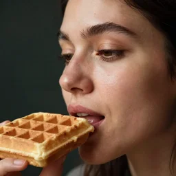 closeup headshot photo of the woman tasting a waffle, detailed face details