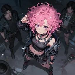 high - angle, combat pose of a grungy cyberpunk anime, very cute, by super ss, cyberpunk fashion, curly pink hair, night sky by wlop, james jean, victo ngai, muted colors, highly detailed