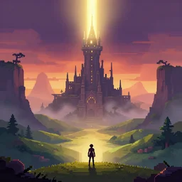 pixel art landscape of an elven magicians tower with bright light shining from top, misty mysterious, strange magic, beautiful rolling hills, sunset, cliffs, warm light, lone adventurer stands silhouetted in foreground, artstation, deviantart