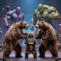 photo of muscular bears, playing intergalactic championship versus chitauri. Highly detailed 8k. Award winning.