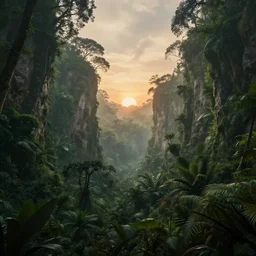 an award winning digital artwork of a lush prehistoric jungle chasm dissolving into heaven in the background, stunning, washed out colors, serenity, professional, master level composition, volumetric lighting, haze, sunset, photorealistic