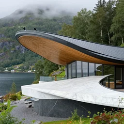 curved roof planes lift and descend creating shade and architectural expression, highly detailed, situated in the forest, next to a fjord, marble, vivid color, high resolution photography, mist, luxury