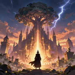 a magical wizard in front of a big and mystical of a big and structured fantasy kingdom city, god rays, giant tree, bloom, cinematic lightning, twilight, sunset, fantasy, portfolio illustration, HQ, portal to outer space by Maxfield Parrish, Leonardo Davinci, octane render, digital art 8k, trending on artstation, anime, unreal engine