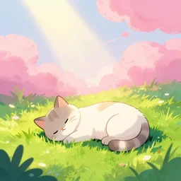 Kitten Sleeping in the grass, aesthetic, pink clouds in the sky, brightly illuminated by rays of sun, artstation, colorful sylvain sarrailh illustration, by peter chan, day of the tentacle style, twisted shapes