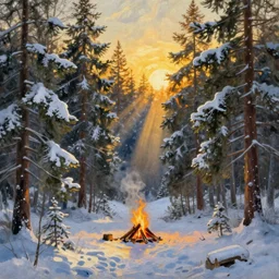 golden hour, god rays, surreal trippy coniferous forest taiga blizzard, very small campfire, extremely detailed oil painting, rhads, sargent and leyendecker, savrasov levitan polenov, bruce pennington, studio ghibli, tim hildebrandt, digital art, landscape painting, trending on artstation, masterpiece
