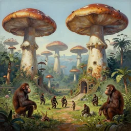 a jungle village of ape - god worshippers and their giant mushroom dwellings, matte oil painting, retrofuturistic, science fantasy, salt, rust, polyps, mutant, lgbt, queer, rpg, epic, dungeons & dragons, sacred, sharp focus, award - winning, extremely detailed, 4 k, 8 k