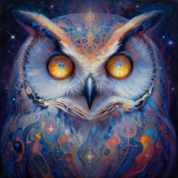 astral owl yvonne mcgillivray by mandy jurgens by michael divine, powerful eyes glowing highly detailed painting, spiritual abstract forms, symmetrical, trending on art station, abstract emotional, very beautiful, fantasy digital art, highly detailed patterned visionary art, magic symbols, by michael divine, cosmic nebula