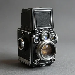 product photo of a steampunk medium format camera that looks like a rolleiflex