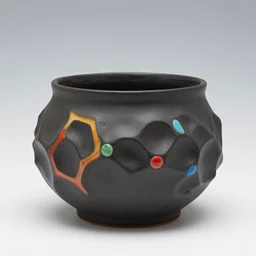 shino ceramic pot study with innovative 3 d fractal organic shape, colorful, individual piece, black curtain background, by zeng fanzhi, lacquer, carved lacquer, bokeh, essence, tiny, nightlight, studio lighting, hard lighting
