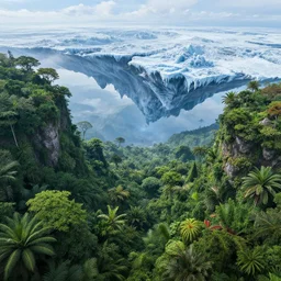 a fantasy landscape where the green jungle connects with an upside - down alternate - universe frozen tundra version of itself