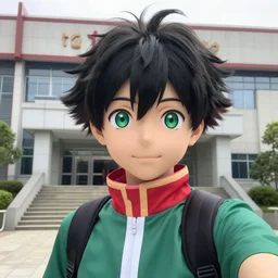 a boy taking a selfie in front of the hero academia building, looks like iziku midoriya!, big green eyes!!, sharp focus, depth of field, ultra realistic, highly detailed, charming, sweet