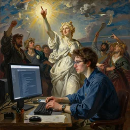 a painting of a facebook engineer programming a continuous integration system in the style of delacroix\'s liberty leading the people