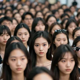 zoomed out view of a crowd standing in line that goes on forever, modelsociety, radiant skin, huge anime eyes, rtx on, perfect face, directed gaze, sony a 7 r iv, symmetric balance, polarizing filter, photolab, lightroom, 4 k, dolby vision, photography award