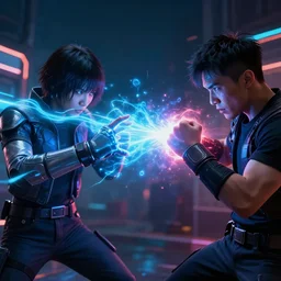 fistfight on energy beam, cyberpunk, UHD, trending