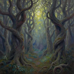 twisted ancient woods. gouache fairytale art, russian romanticism, muted palette, psychedelic art, backlighting