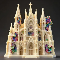 a hyperrealistic 3 d render of a delicate ivory sculpture of an ornate detailed cathedral populated by mandelbrot fractals, micro detail, unreal engine, backlit lighting, octane renderer, catholicpunk, colorful, psychedelic, physically based rendering, carved soap, trending on cgsociety