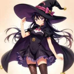 young witch, checked stockings, short dress, huge hat, anime, art by miaormoa