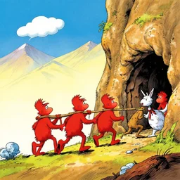 Professional art, a stunning illustration of red goblins carrying a prisoner to a cave on a mountainside illustrated by Dr Suess and Takashi Murakami