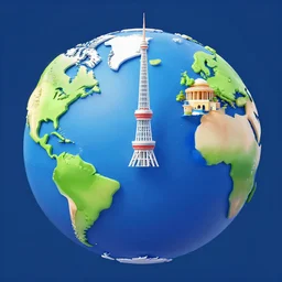 a vector globe illustration with famous 3 d touristic landmarks on it, 3 d render, 3 d model, smooth, ray tracing, illustration