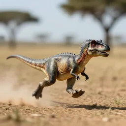 award winning photo by saul leiter of a tiny dinosaur running in the savannah, motion blur, dusty, tiny gaussian blur, insanely detailed, insanely intricate, depth of field, low contrast, sunny, action photography