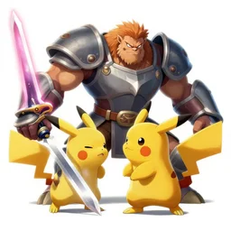 battle scene : a magnificent unbeatable monster with laser sword arms fighting a wild hairy giant picachu wearing armor and holding a silver sword