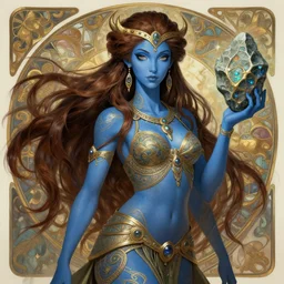 female djinn with blue skin, long flowing brown hair, hearthstone, intricate, highly detailed, digital painting, artstation, concept art, smooth, sharp focus, illustration, Unreal Engine 5, 8K, art by Dave Greco alphonse mucha