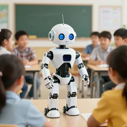 a robot teaching kids in an elementary school, national geographic photography, 3 d