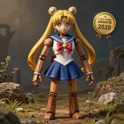 a medieval robot made of wood dressed in a sailor moon uniform with a skirt, award - winning digital art