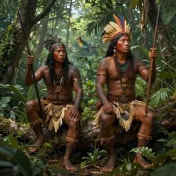 two indigenous people hunting together in the jungle, fantasy art, highly detailed, matte painting