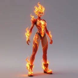 a fire lava character skin model + female + she is flaming +she is wearing fire shoes +fullbodyshot