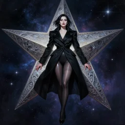 lady in black coat and pantyhose in cosmic horror style, giant star, intricate, seductive confident pose, realistic, extremly high detailed, shiny, 8 k, digital painting, art by wlop and artgerm and ross tran and greg rutkowski, charlie bowater
