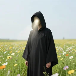 a hooded figure in a black robe emmitting a beam of light from his face, flower meadow landscape, illustration by Gustave Dore, 18th century drawing , black and white, highly detailed, 4k, concept art, artstation