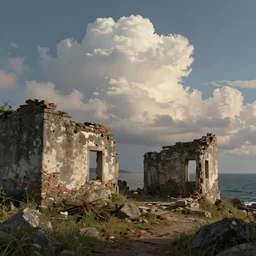 beautiful ruins by the sea, fantasy puffy sky, matte paining, concept art, cgsociety, octane render, artstationhq
