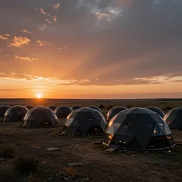 photo campsite at sunset of a field of futuristic organic geodesic shelter pods for the homeless, geodesic structure, dramatic lighting, black and orange colour palette, long shot, archviz