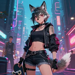 A portrait of a sexy anthropomorphic wolf girl in skatepunk clothes in a cyberpunk city, character art by Stanley Artgerm Lau, WLOP, Rossdraws, James Jean, Andrei Riabovitchev, Marc Simonetti, and Sakimichan, trending on artstation