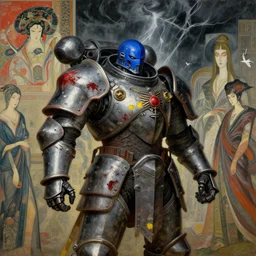 composition of gothic and futuristic, warhammer, cyberpunk japan style armor, more and more scars, thunderstorm, blue head, some red and yellow, the middle ages, highly detailed, artstation, in the style of moebius, jugendstil and classic japanese print, painting by anka zhuravleva, mary jane ansell, composition by rene magritte, jean delville