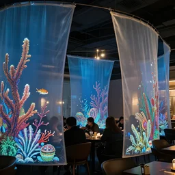 drapes with curved translucent drapes projecting detailed sea life, pixel perfect photograph, high contrast, volumetric lighting, thin glowing lights, restaurant, chairs, users, pair of keys