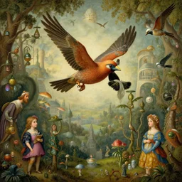 beguiling epic stunning beautiful insanely detailed matte painting of a bird traveling through dream worlds designed by heironymous bosch, by cyril rolando and asher durand and natalie shau, whimsical, intricate