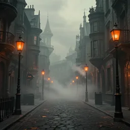 a cyberpunk digital art of a victorian - era street, beautiful digital art, volumetric lighting, thick smog, steam, orange street lamps, highly detailed, professional, washed out colors