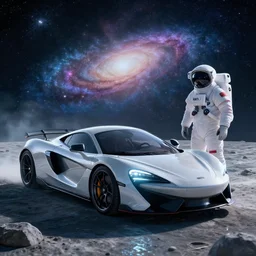 a supercar on the moon in water, an astronaut standing beside, vaporwave light, galaxy in background, 4 k, trending on artstation, award winning, photorealistic, volumetric lighting, octane render,