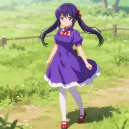 anime girl wearing purple dress, red shoes, red hair tie, white tights, extremely detailed, sharp focus, isekai farm. smooth digital illustration darwyn cooke, bernie wrightson, guido crepax, will eisner, alex toth, bill ward, bob clampett, matte painting concept art